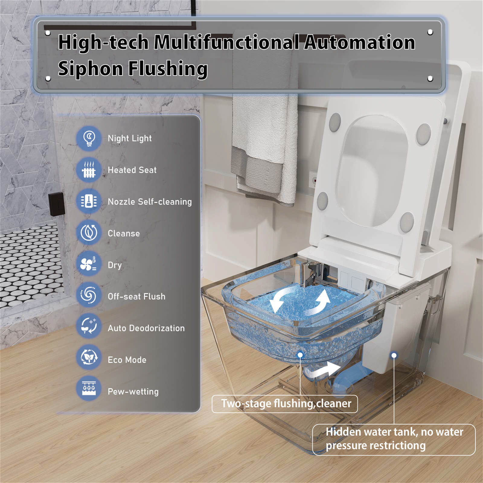 Square Smart Bidet Toilet with Water Tank, Radar Sensor, Heated Seat, Drying Function