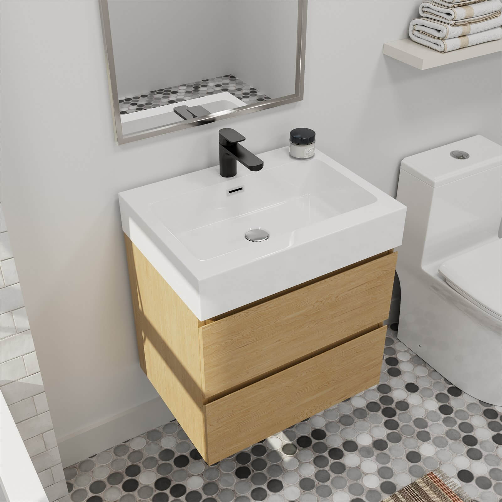 24" Oak Modern Floating Vanity with 2 Drawers