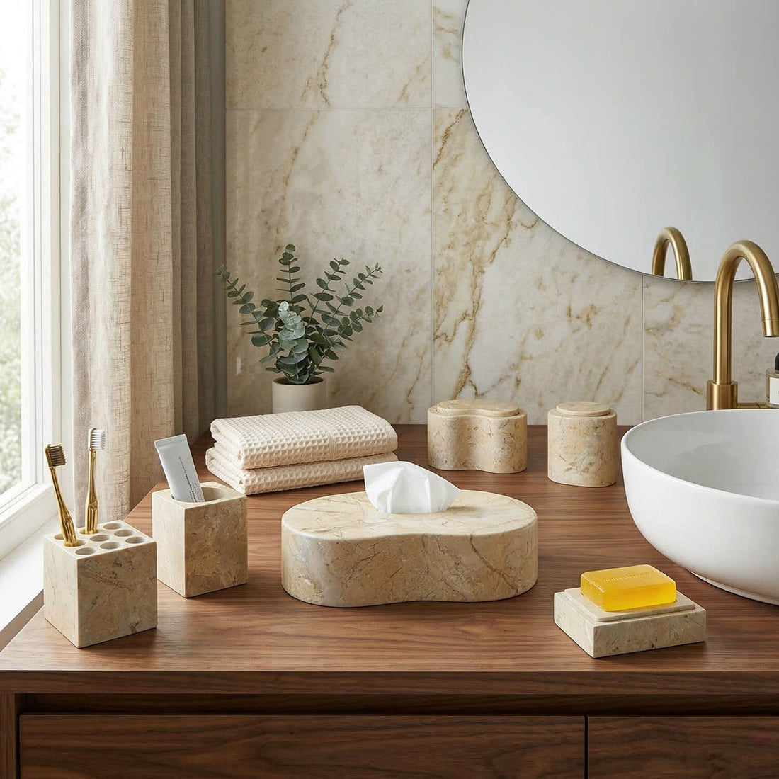 Natural stone beige marble bathroom set for modern vanity organization