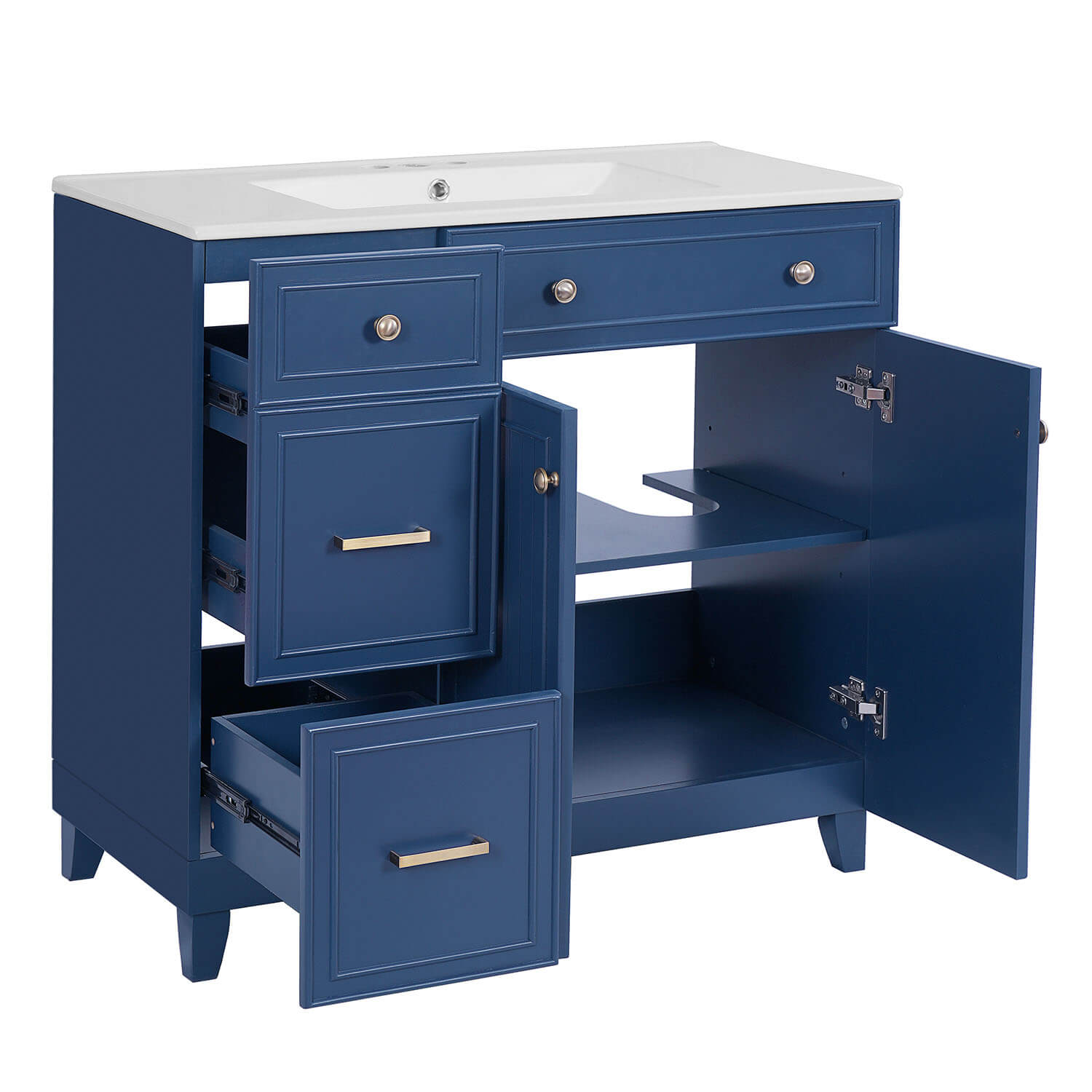 Navy blue freestanding vanity with ceramic sink and storage drawers