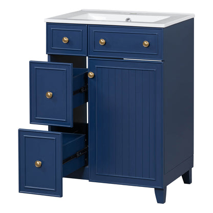 Navy blue vanity with integrated ceramic basin and two storage drawers