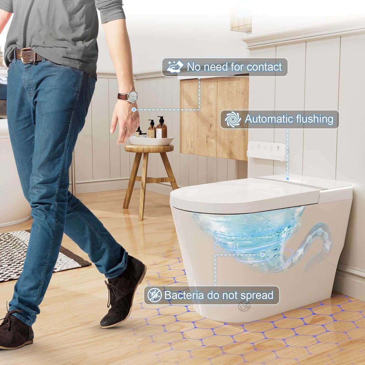 No need to touch the toilet, it flushes automatically after you urinate