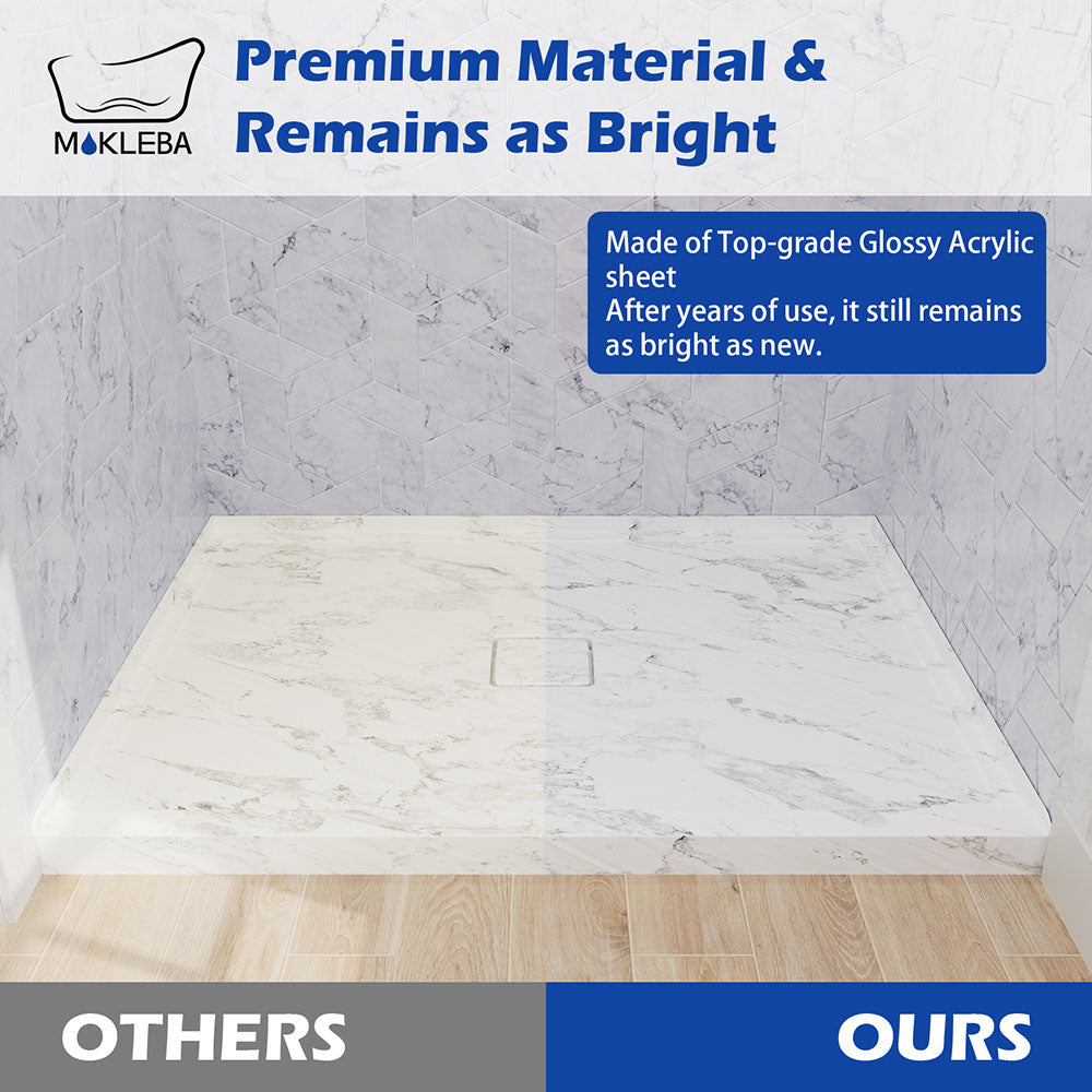 Non-porous acrylic shower base engineered for easy stain and soap scum removal