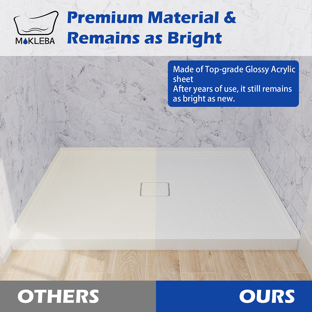 Non-porous easy-to-clean white acrylic surface on 48x36 center drain shower tray