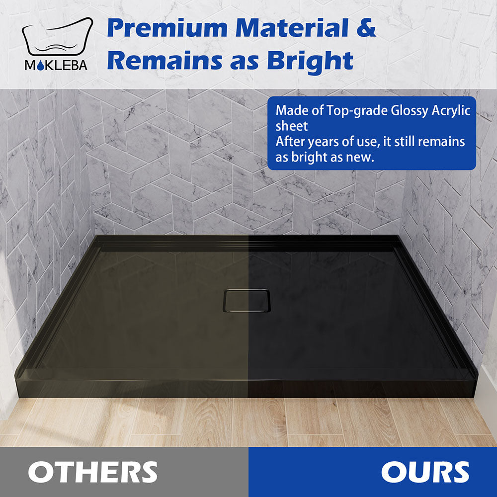Non-porous glossy black finish on 48x36 shower base that resists discoloration and daily grime
