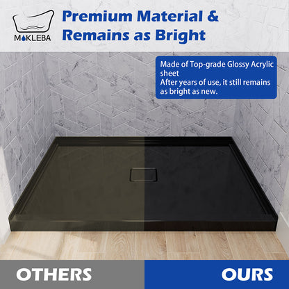 Non-porous glossy black finish on 48x36 shower base that resists discoloration and daily grime