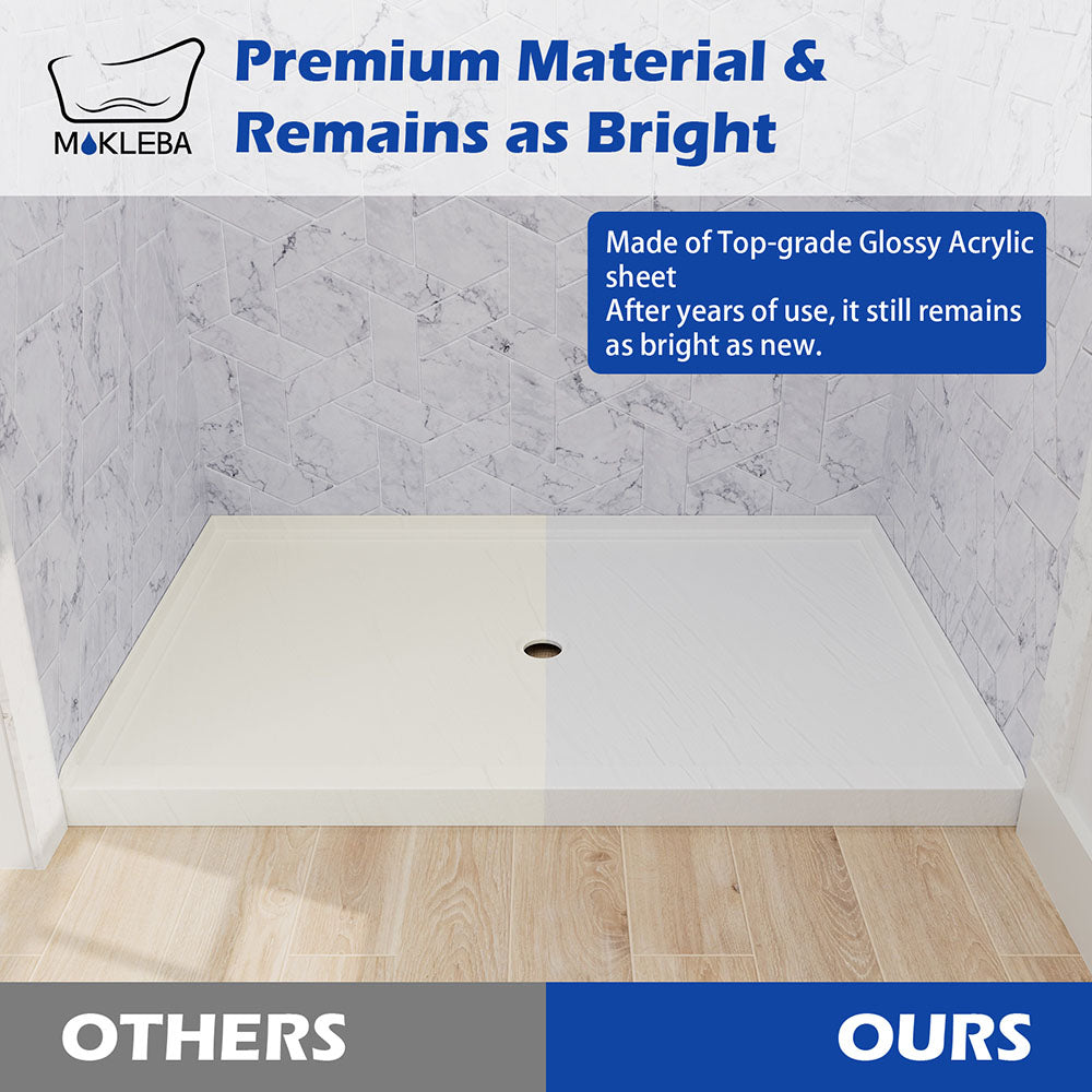Non-porous white acrylic shower pan that resists yellowing and staining