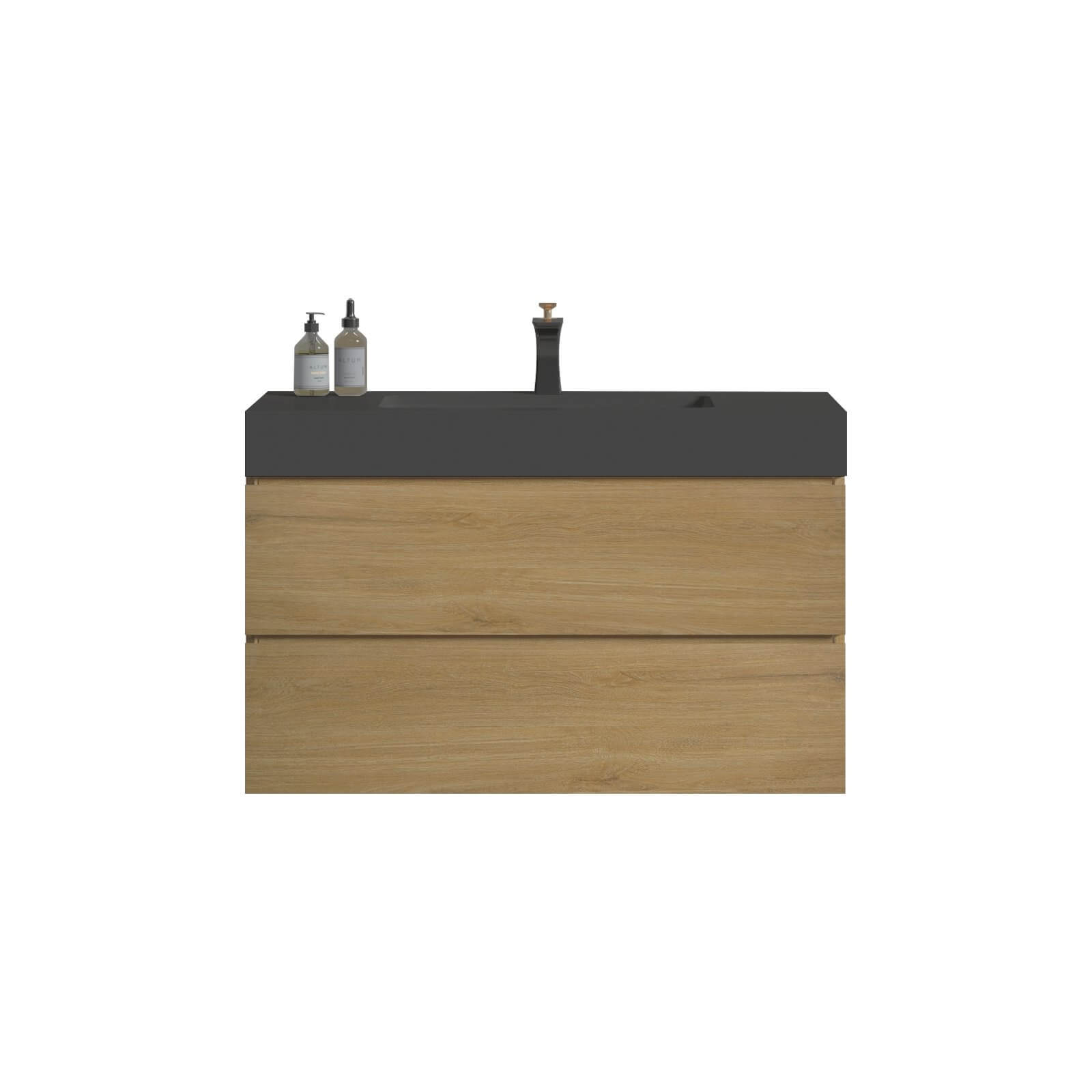 Oak bathroom vanity with black solid surface sink_ a choice of understated luxury