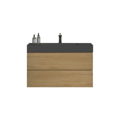 Oak bathroom vanity with black solid surface sink_ a choice of understated luxury