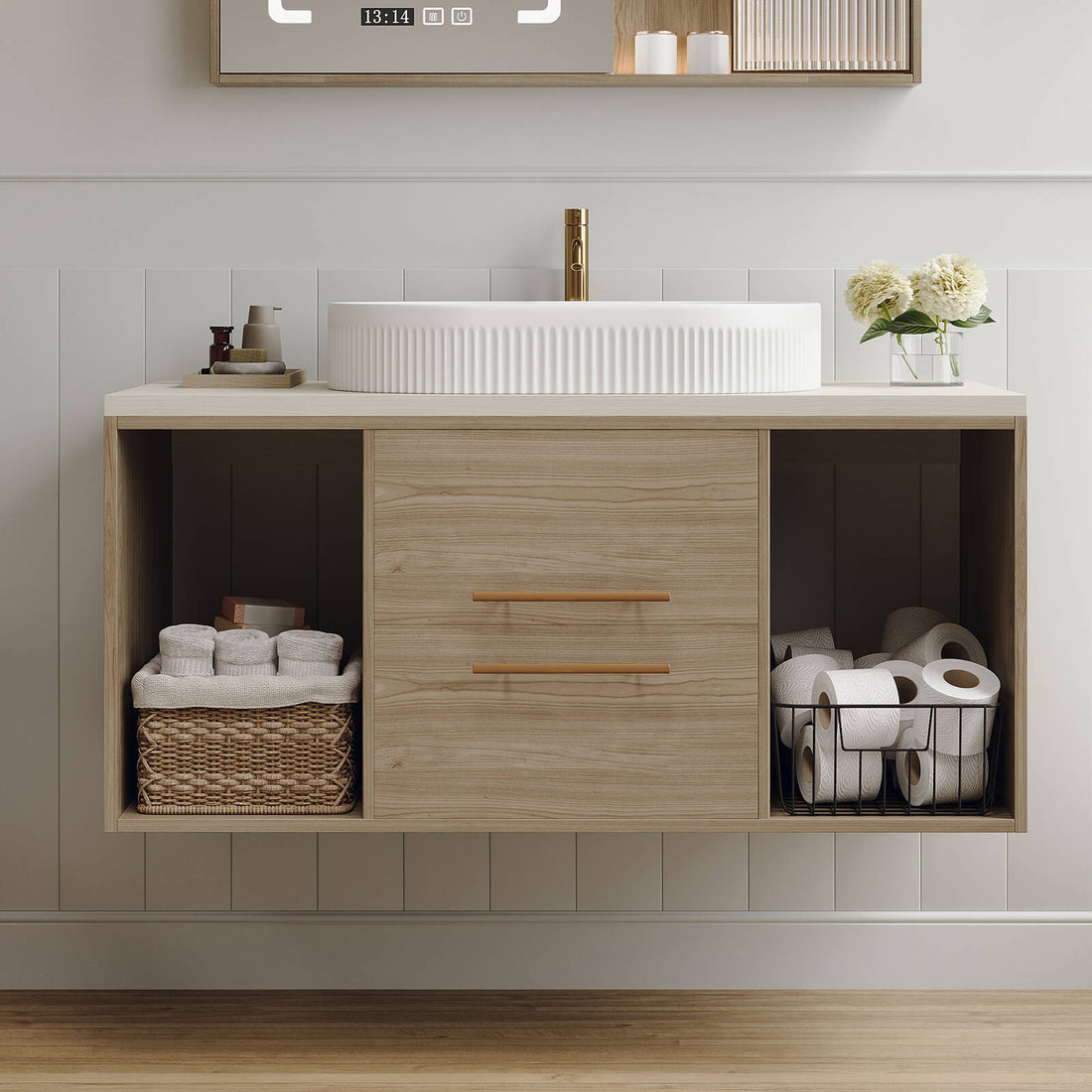 Oak finish bathroom vanity with ceramic vessel basin