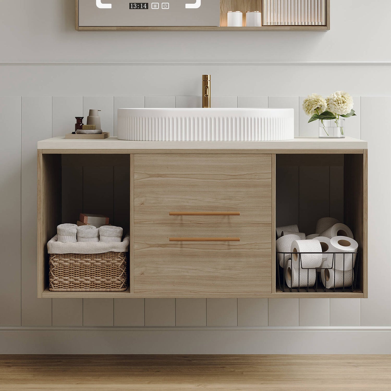 Oak finish bathroom vanity with ceramic vessel basin