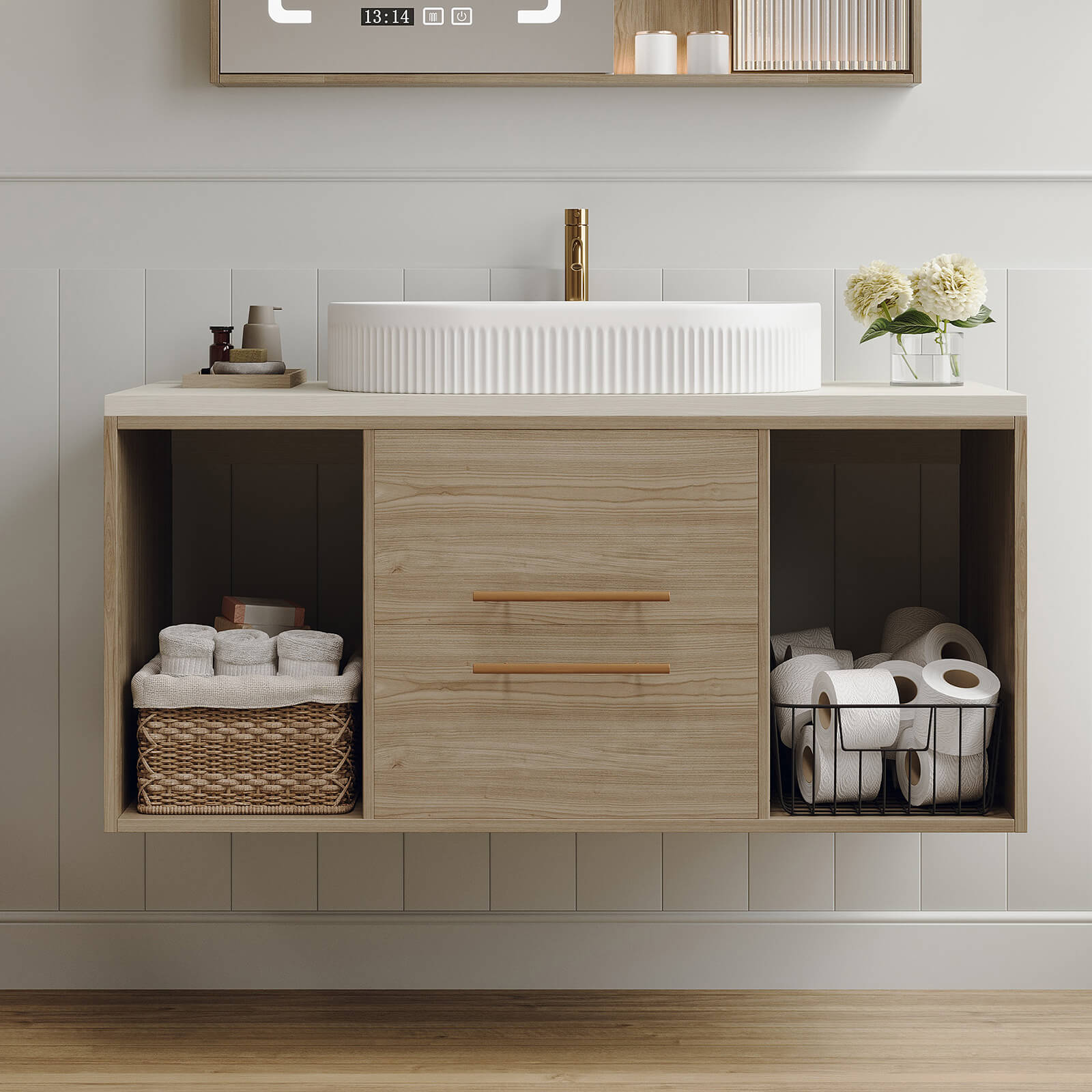 Oak finish bathroom vanity with ceramic vessel basin