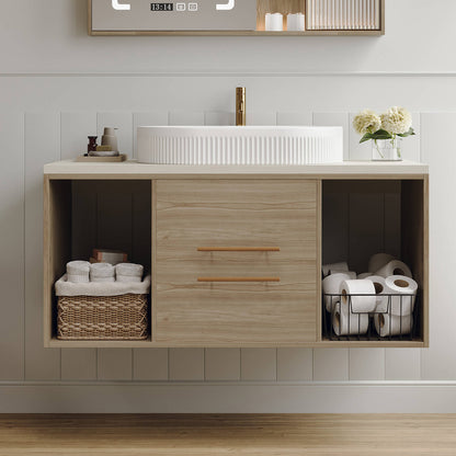 Oak finish bathroom vanity with ceramic vessel basin