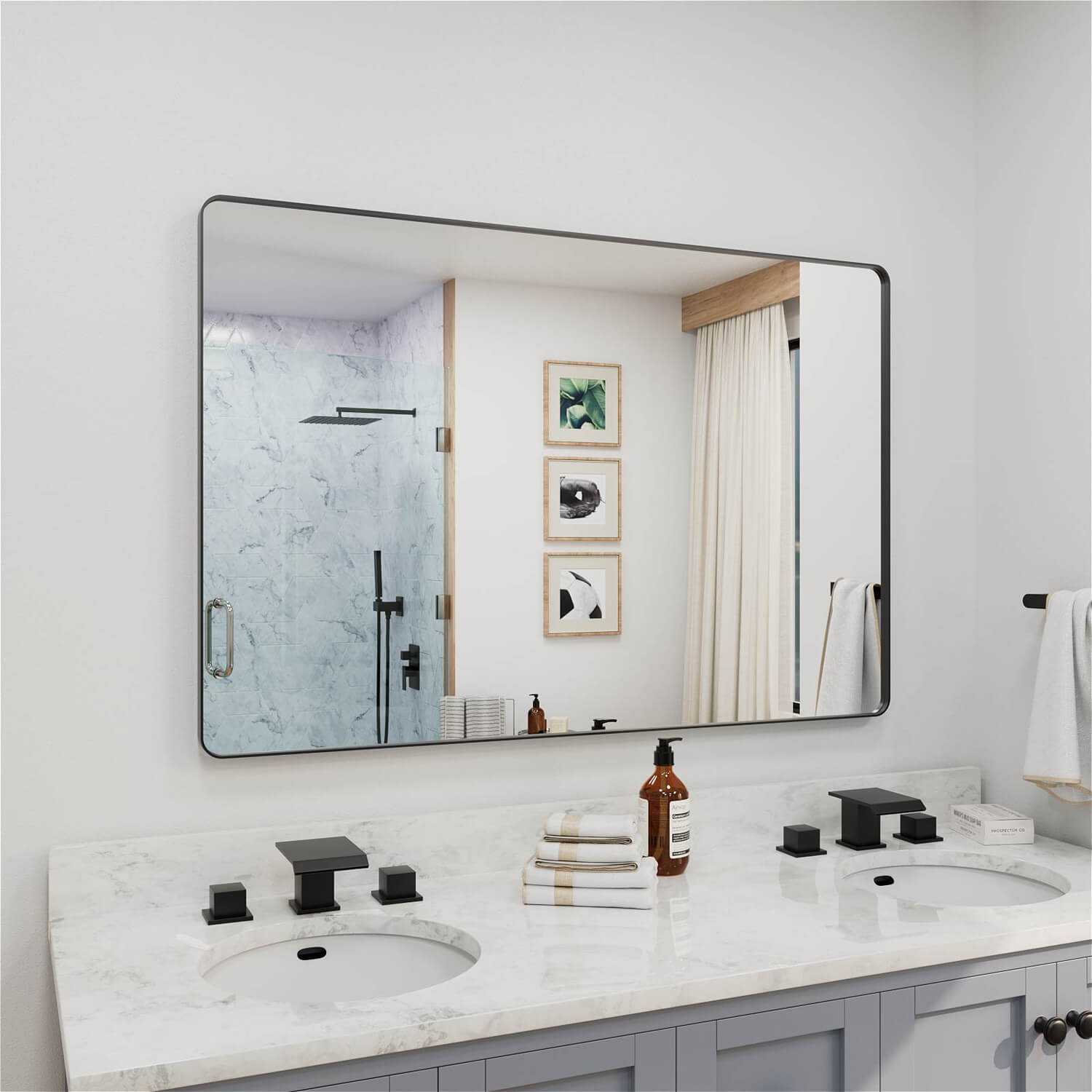 Oblique mounted extra wide black framed rectangular bathroom mirror