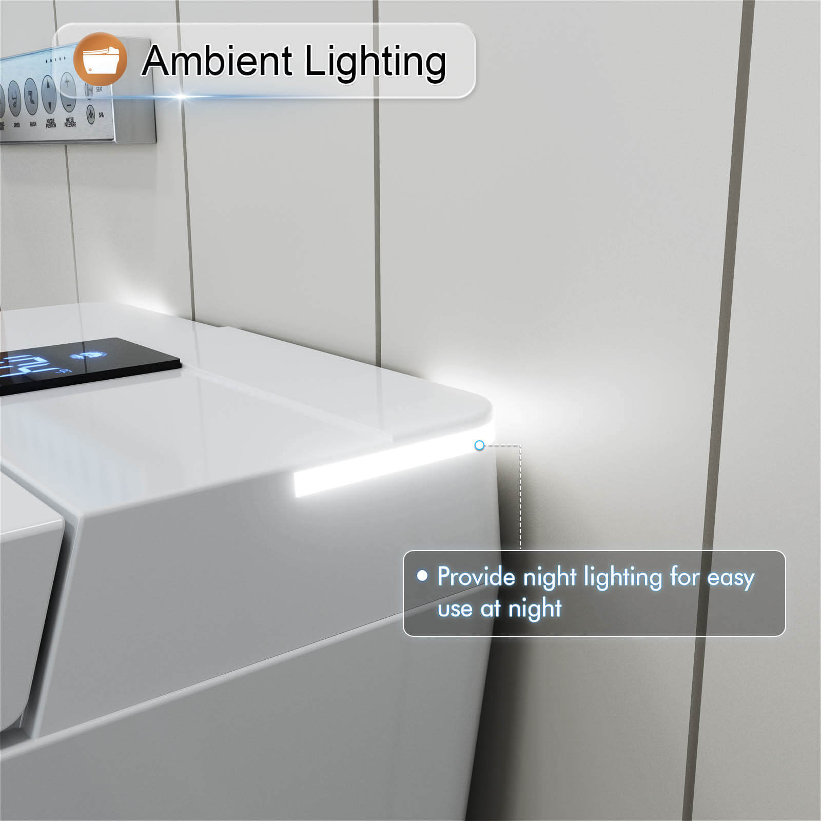 One-Piece White Square Smart Toilet with Ambient light