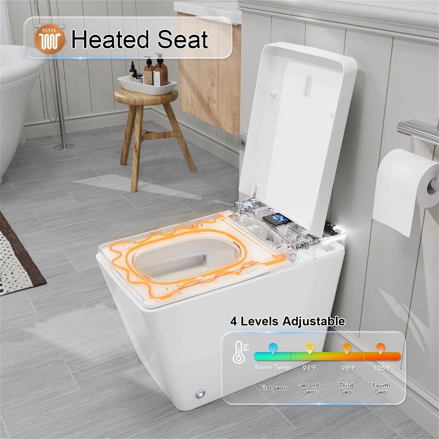 One-Piece White Square Smart Toilet with heated seat