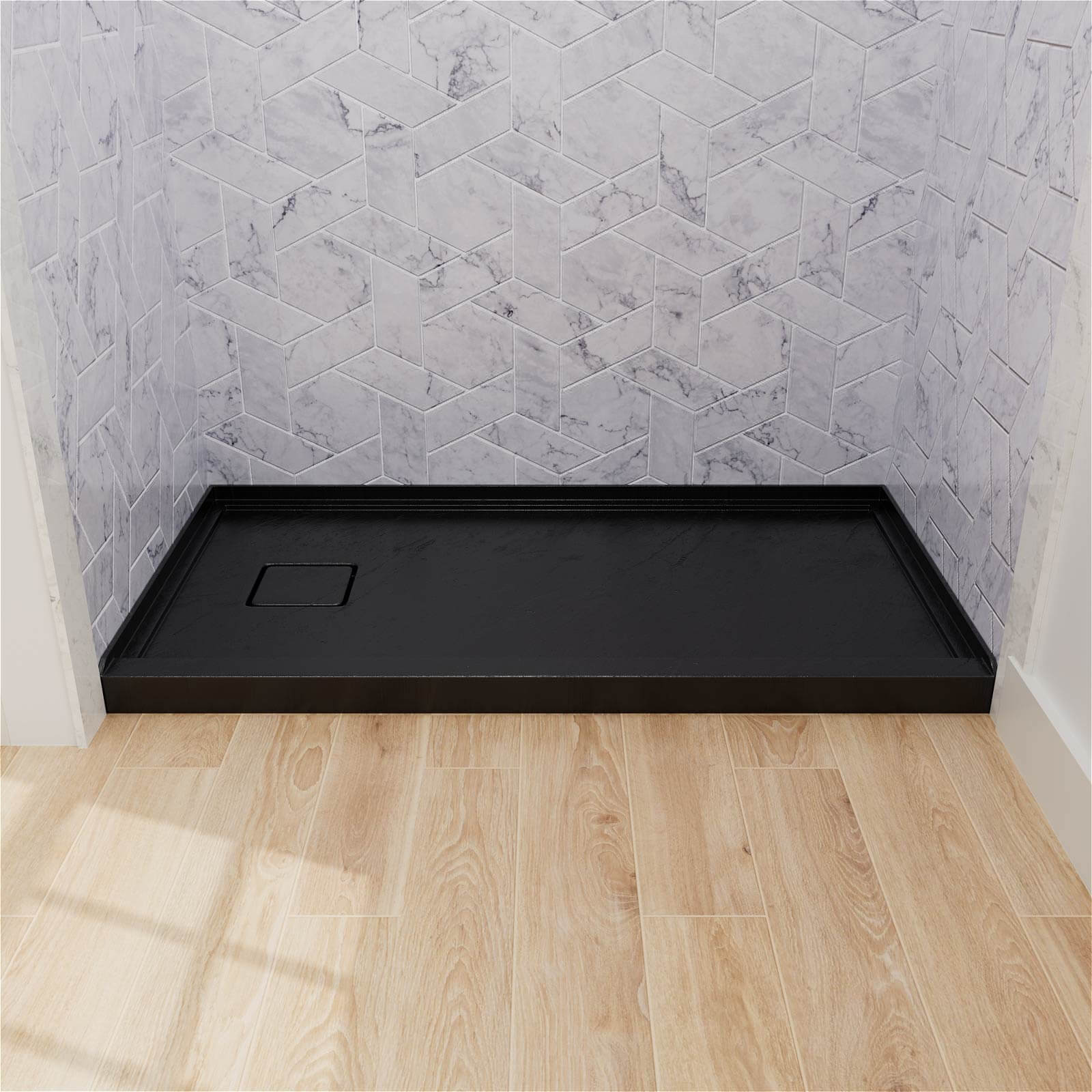 One piece black shower tray with left side drain opening