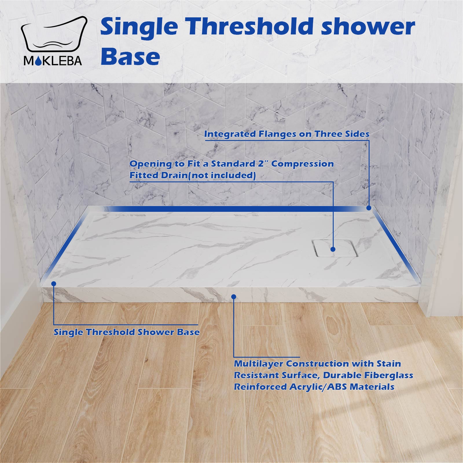 One piece stone look shower floor with durable construction