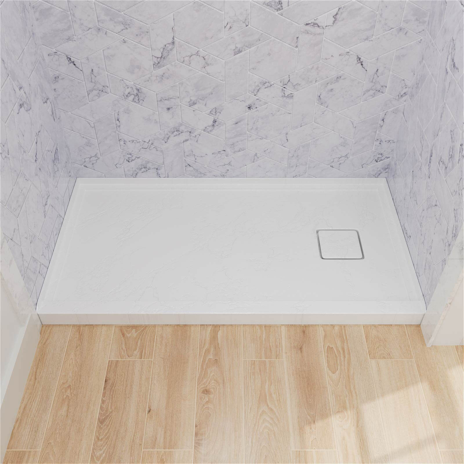 One piece white shower tray with efficient water drainage