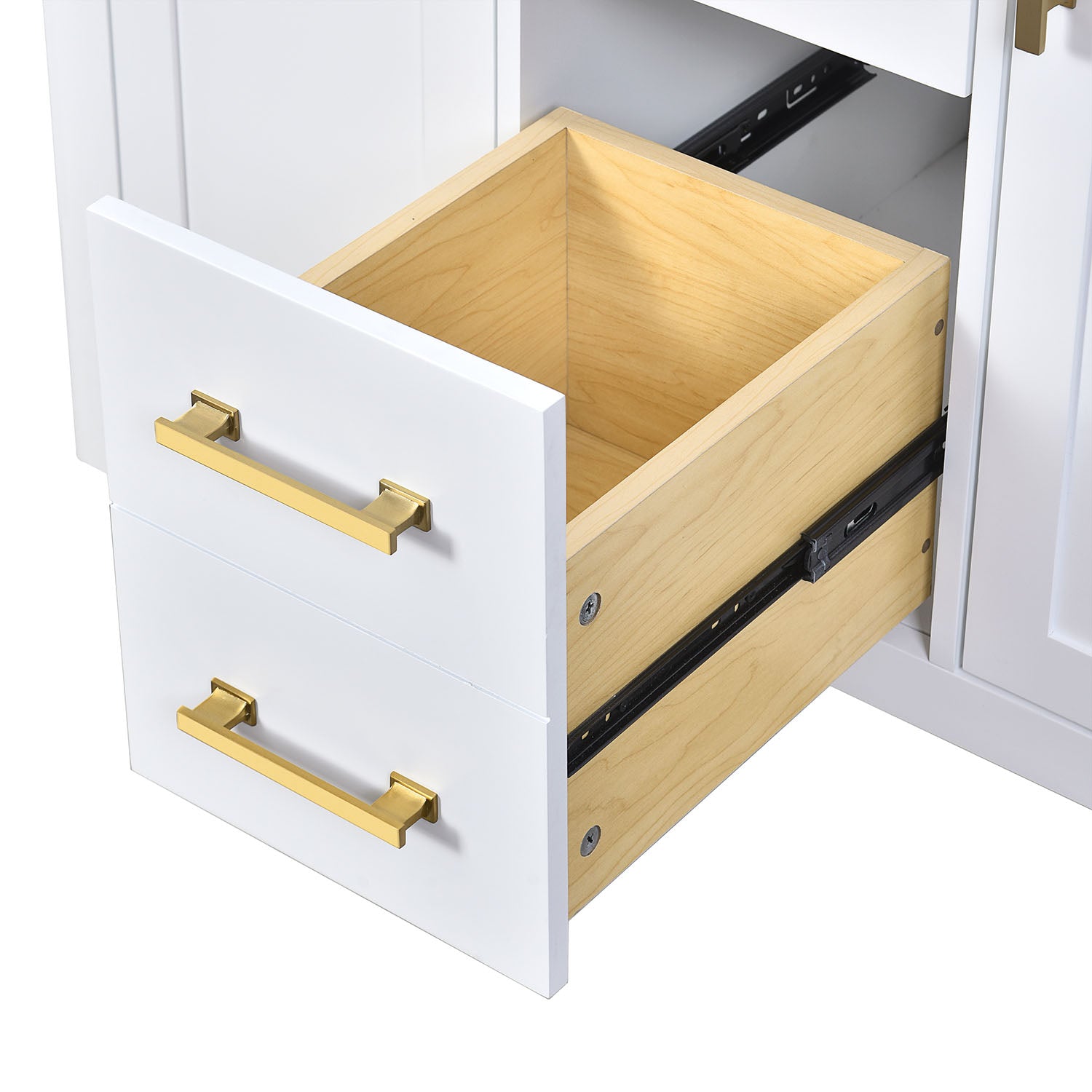 Open cabinet drawer with gold handles on the white bathroom vanity