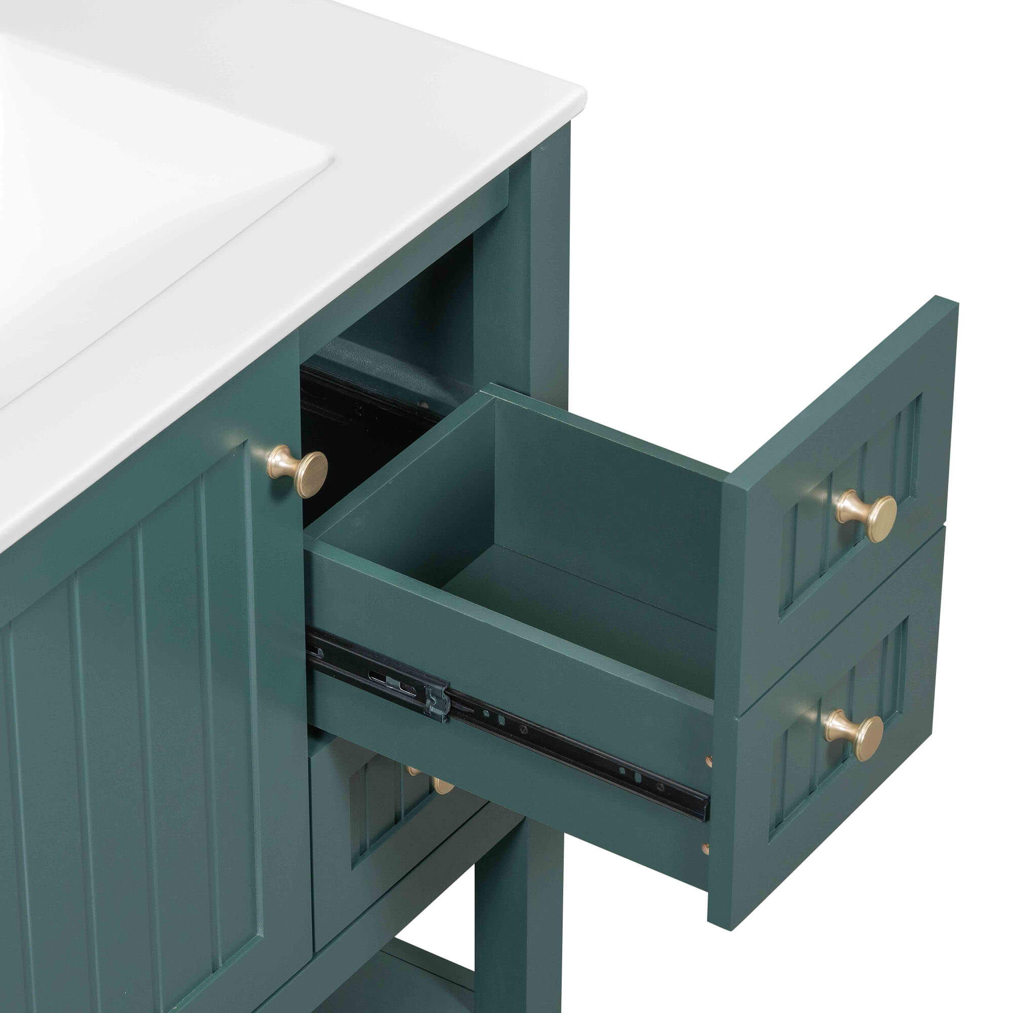 Open shelves of the freestanding bathroom vanity for easy access