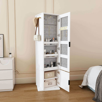 Open white storage mirror cabinet with jewelry and cosmetic storage