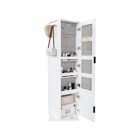 Open white swivel mirror cabinet with jewelry and cosmetic storage