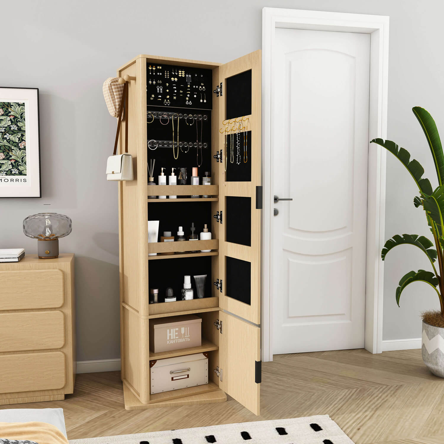 Open wooden storage mirror cabinet with cosmetic storage by bedroom door