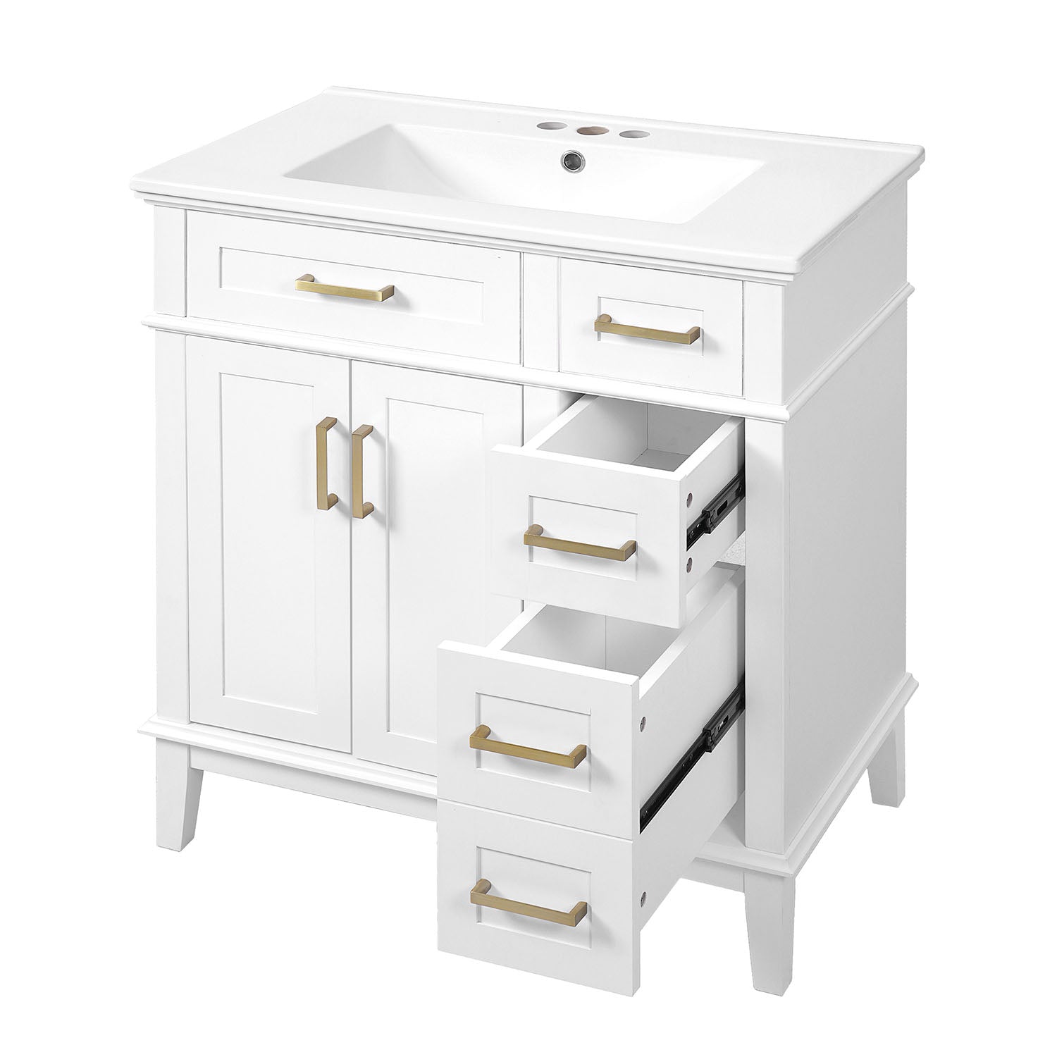 Tocador de baño moderno de 76 cm (30") de madera maciza blanca con lavabo de cerámica.