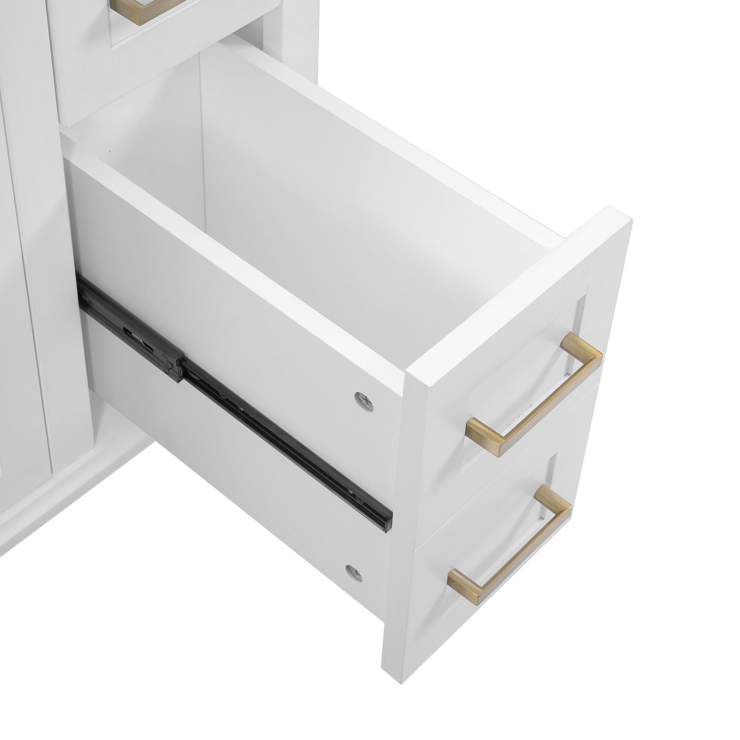 Tocador de baño moderno de 76 cm (30") de madera maciza blanca con lavabo de cerámica.