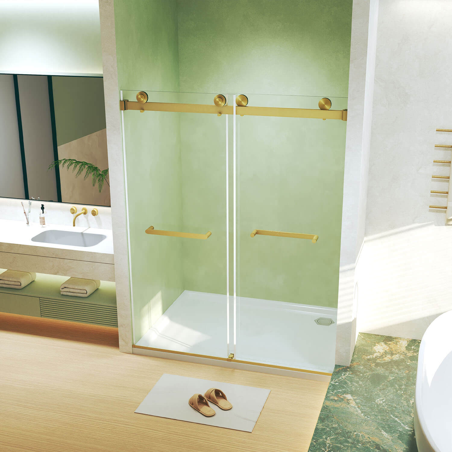 68"-72" x 76" Gebürstete Goldene Doppelte Schiebetür Soft-Close Duschkabine