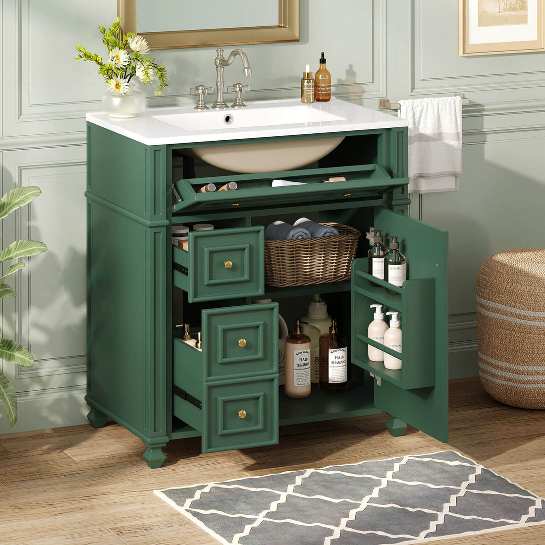 30" Green Bathroom Vanity with Ceramic Basin and Soft Close Doors
