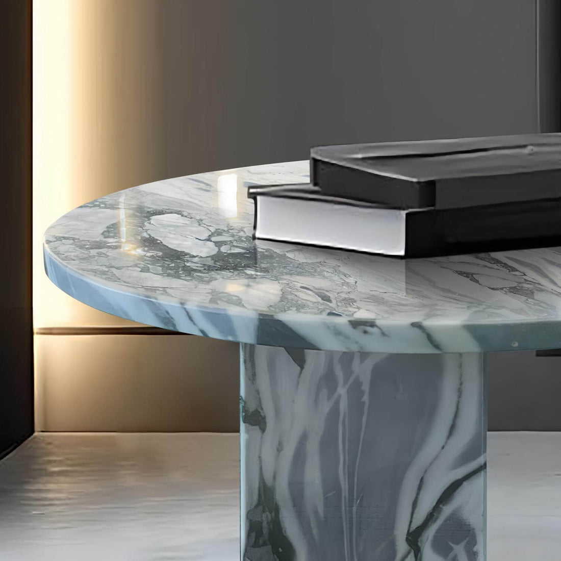 18" Modern Round Blue Natural Marble Side Table for Bathroom and Livingroom