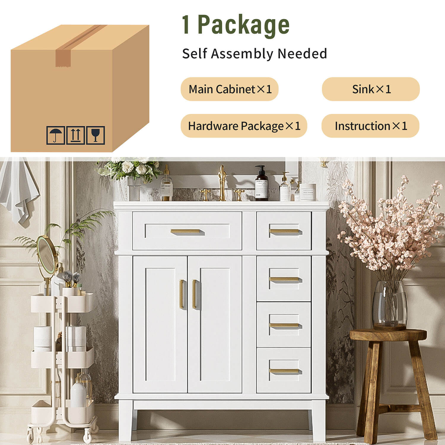 Tocador de baño moderno de 76 cm (30") de madera maciza blanca con lavabo de cerámica.