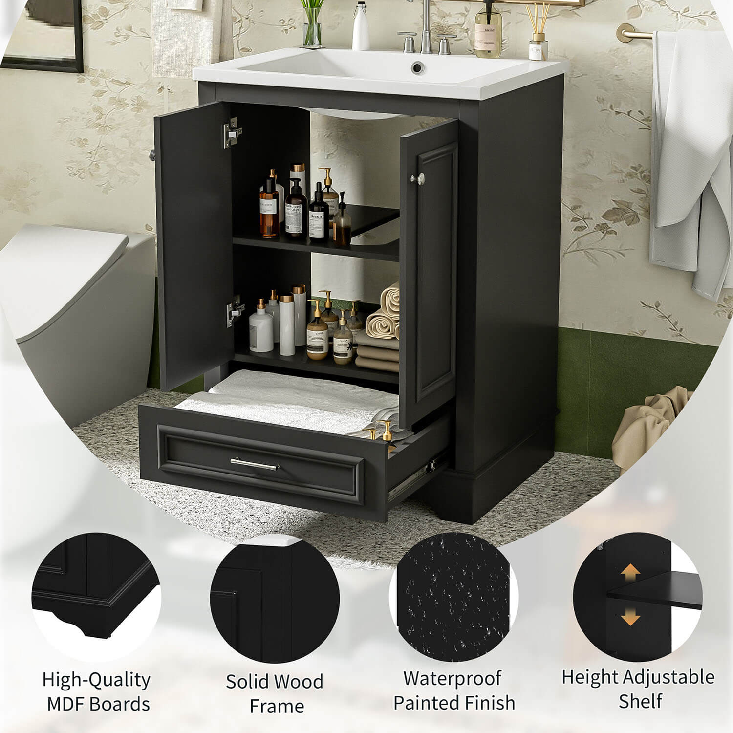 Moderner 24" Waschtisch in Schwarz mit integriertem Keramikwaschbecken und Soft-Close-Türen