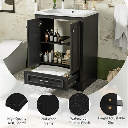 Moderner 24" Waschtisch in Schwarz mit integriertem Keramikwaschbecken und Soft-Close-Türen