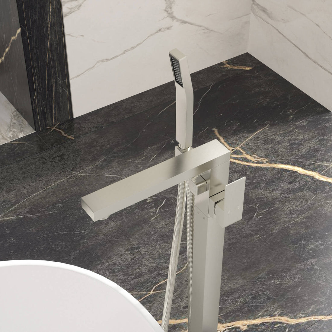 360° Rotation Freestanding Tub Filler Faucet with Hand Shower, Brushed Nickel &amp; Brushed Gold