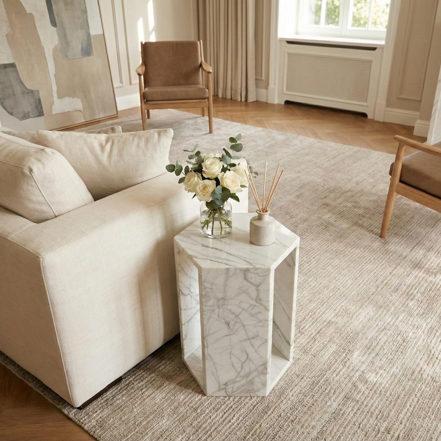 High-Polished Real Marble White Side Table with Grey Veining for Home Decor or Bathroom