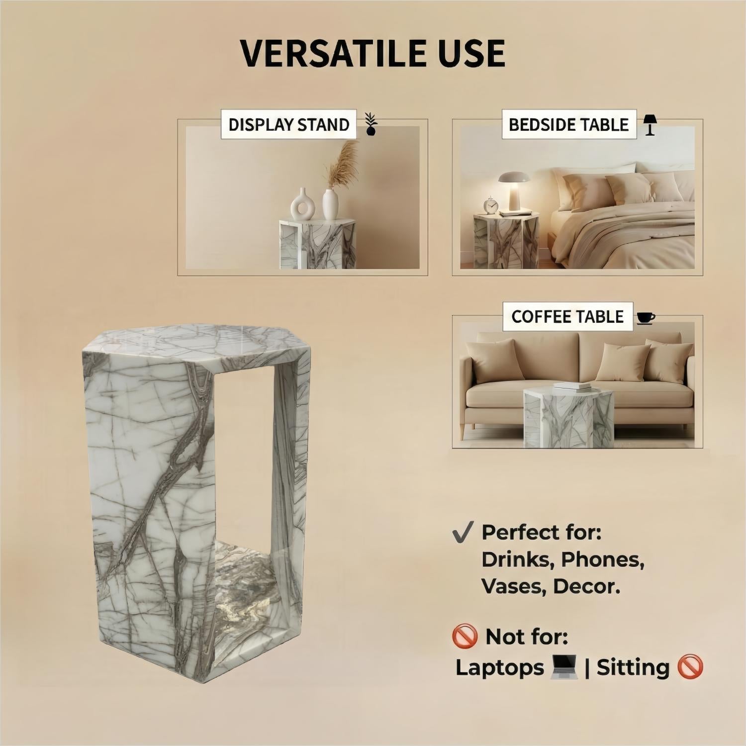 High-Polished Real Marble White Side Table with Grey Veining for Home Decor or Bathroom