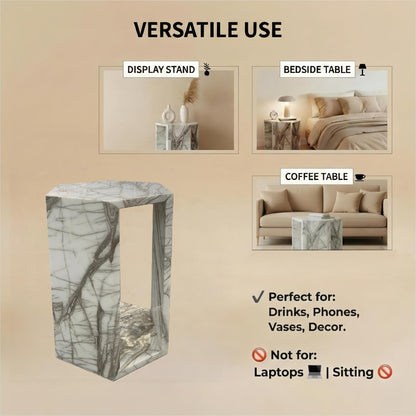 High-Polished Real Marble White Side Table with Grey Veining for Home Decor or Bathroom