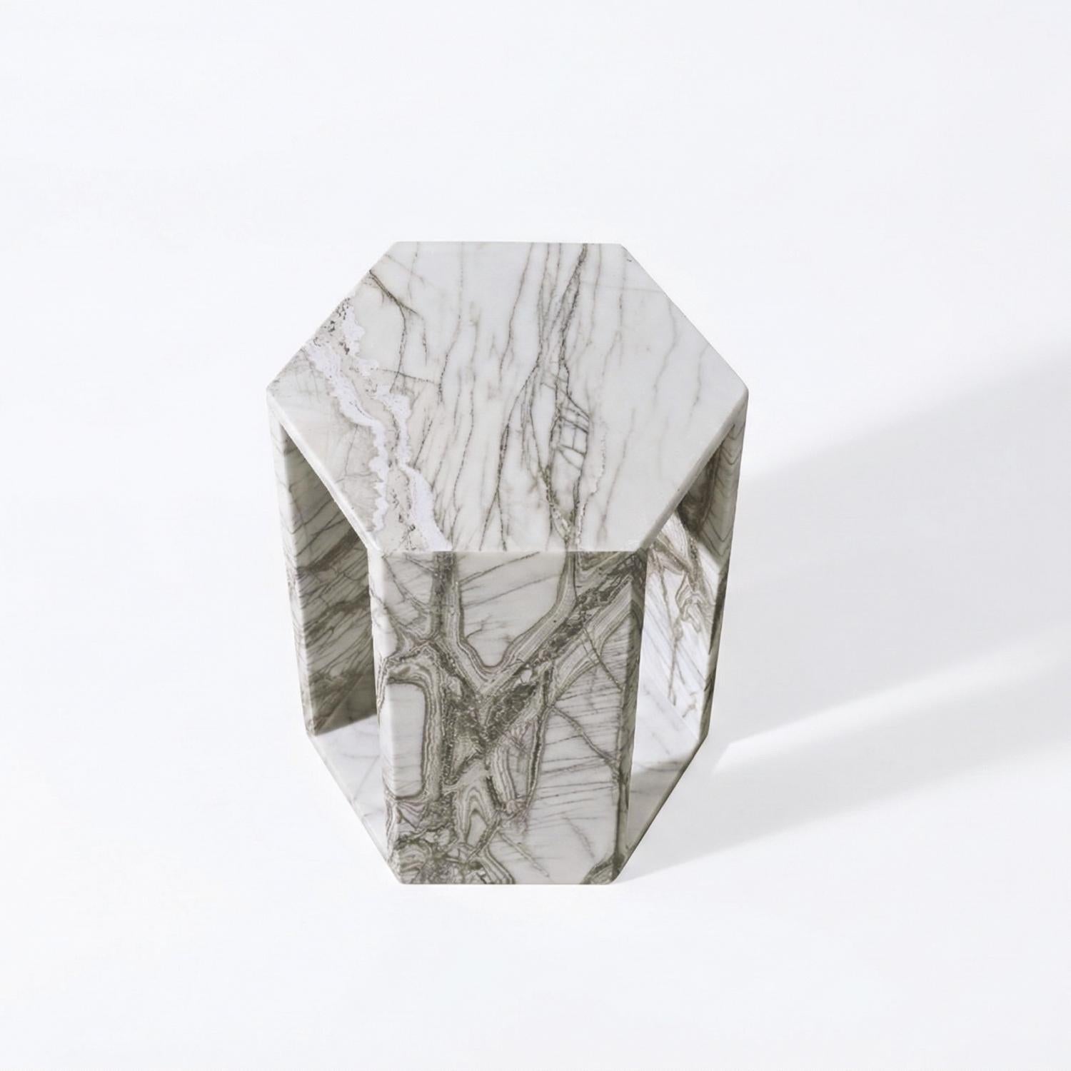High-Polished Real Marble White Side Table with Grey Veining for Home Decor or Bathroom