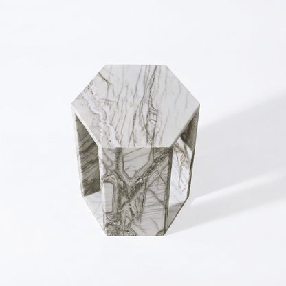High-Polished Real Marble White Side Table with Grey Veining for Home Decor or Bathroom