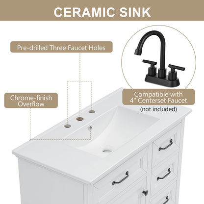 36" White Bathroom Vanity with Rubberwood Frame