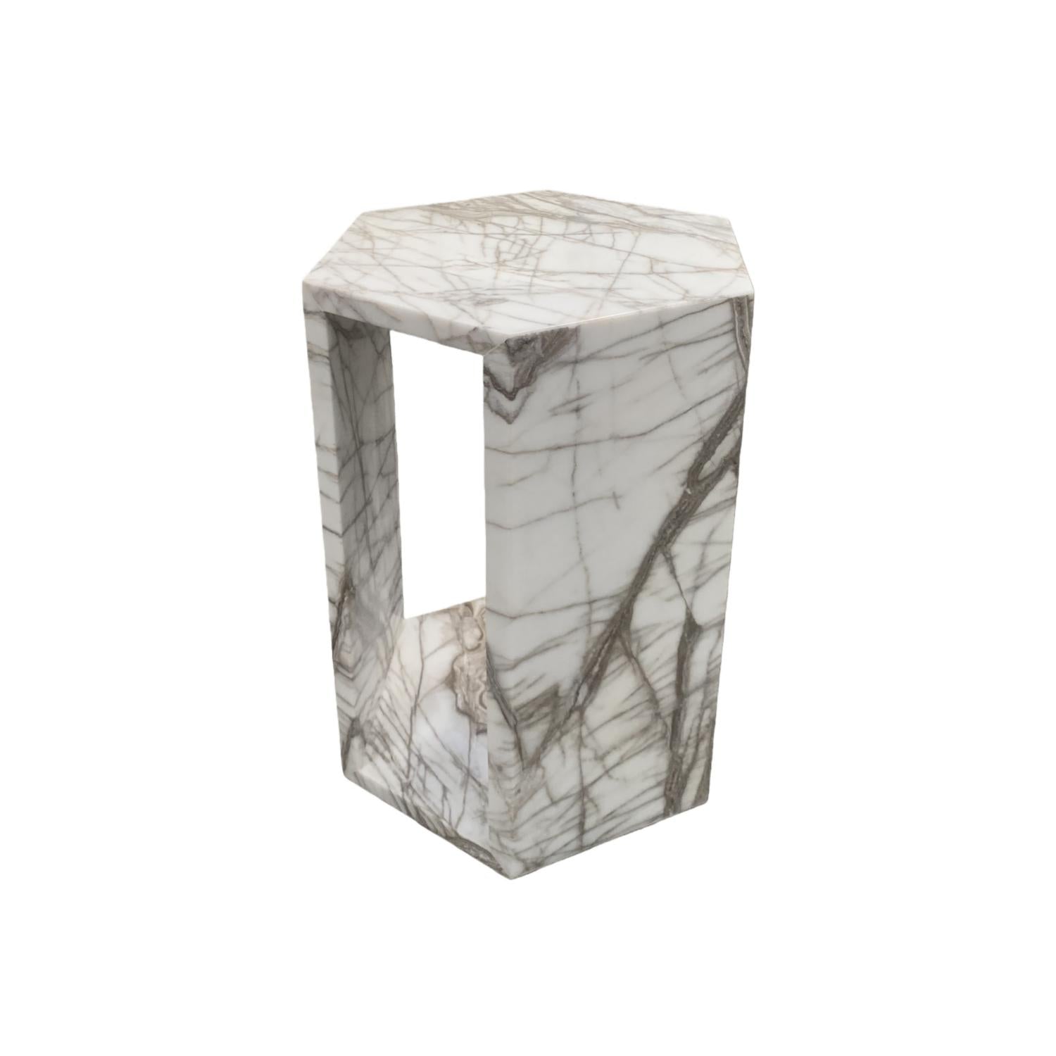 High-Polished Real Marble White Side Table with Grey Veining for Home Decor or Bathroom