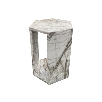 High-Polished Real Marble White Side Table with Grey Veining for Home Decor or Bathroom