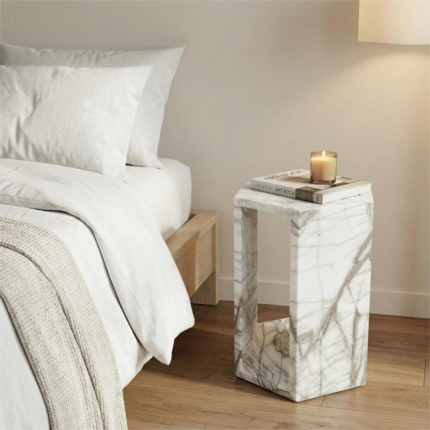 High-Polished Real Marble White Side Table with Grey Veining for Home Decor or Bathroom