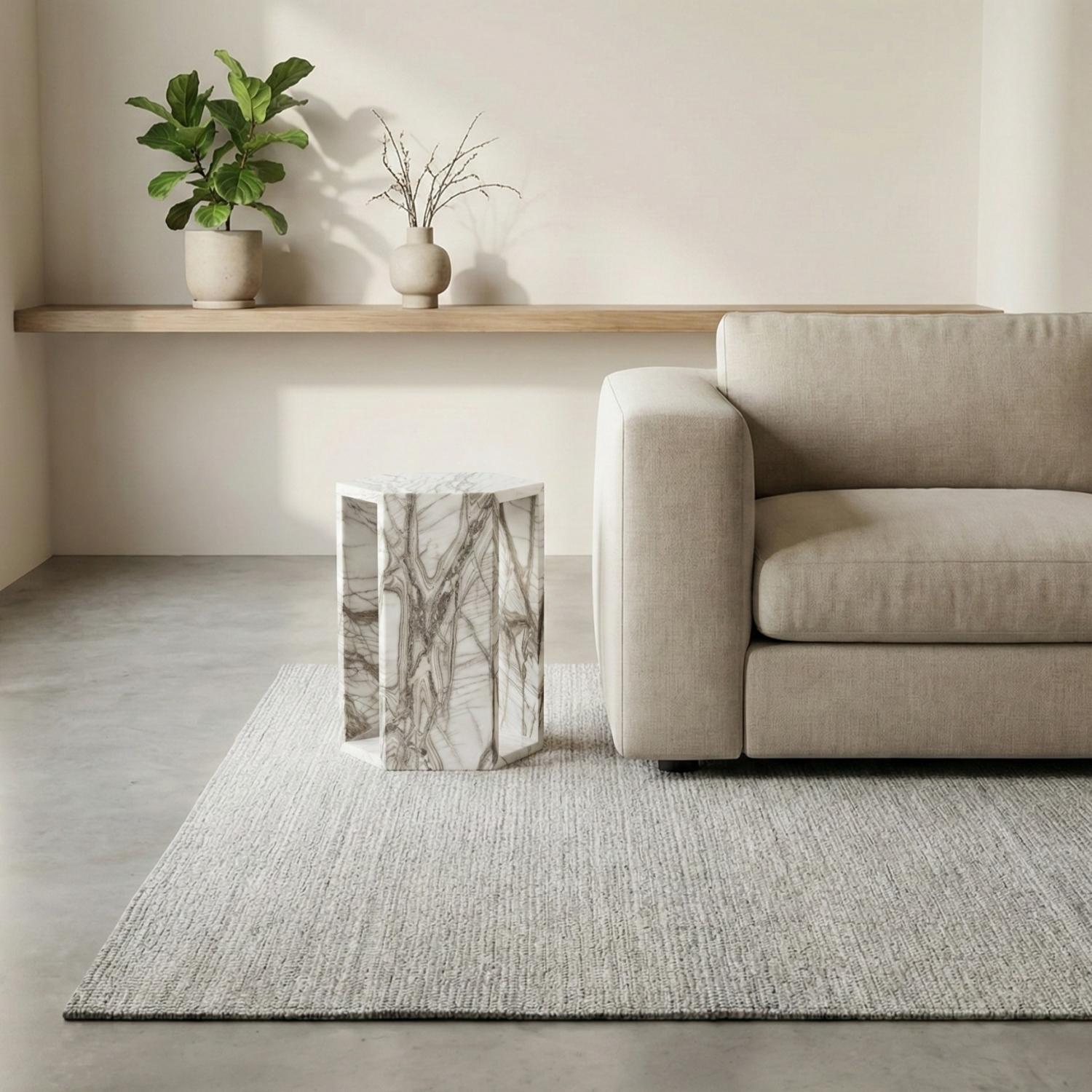 High-Polished Real Marble White Side Table with Grey Veining for Home Decor or Bathroom