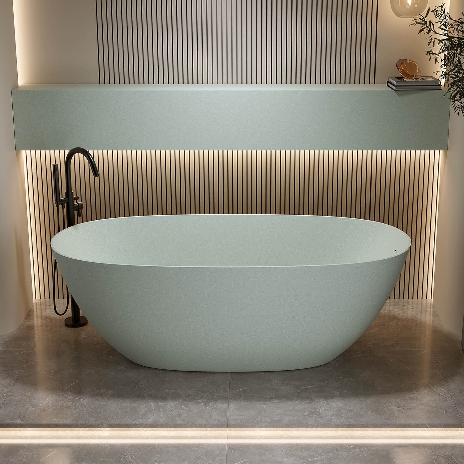 Oval turquoise green freestanding bathtub with smooth hand polished surface