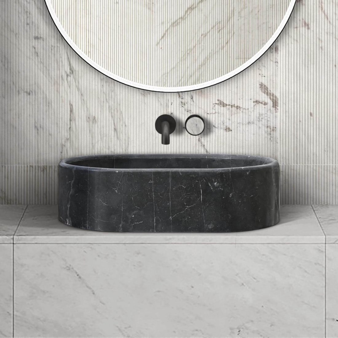 24" Matte Black Marble Oval Bathroom Vessel Sink for Vanity Countertop