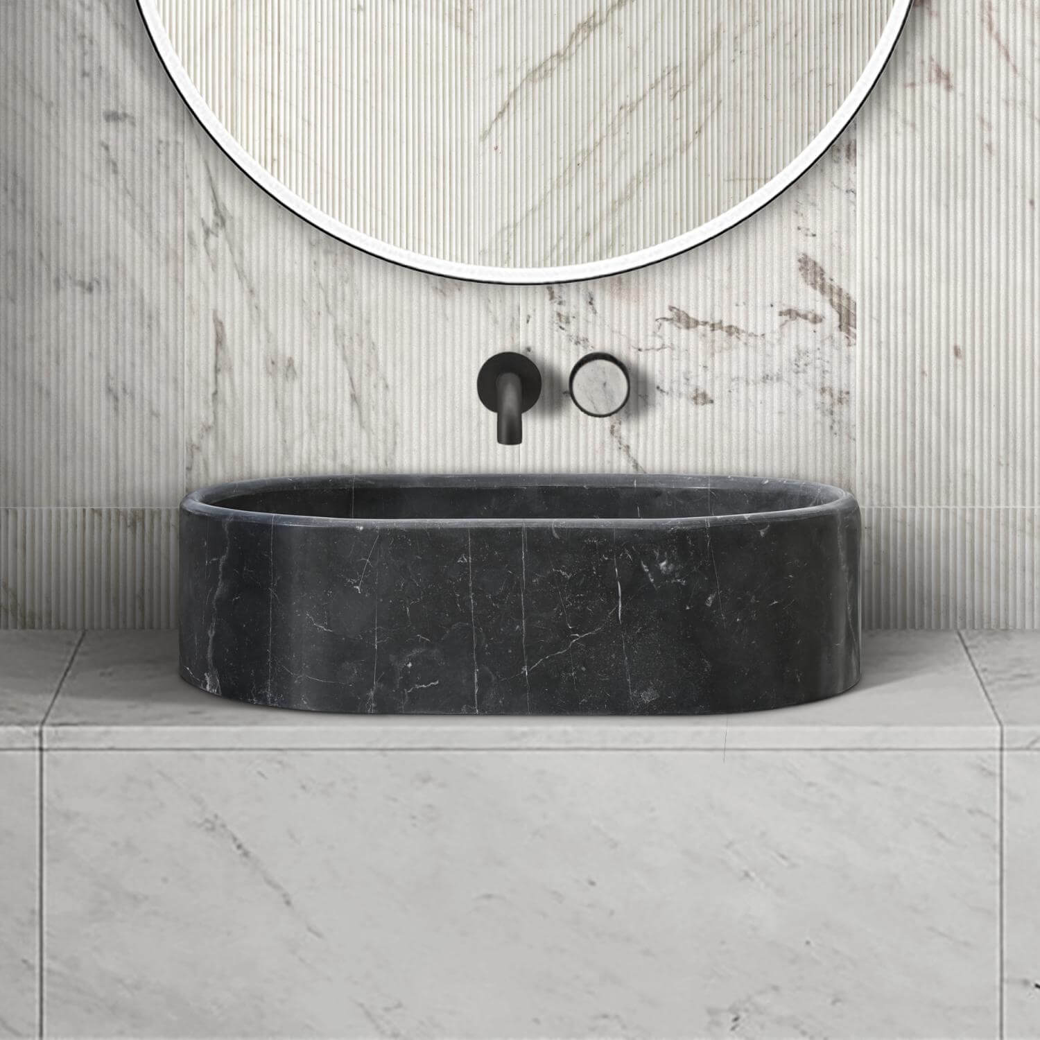 24" Matte Black Marble Oval Bathroom Vessel Sink for Vanity Countertop